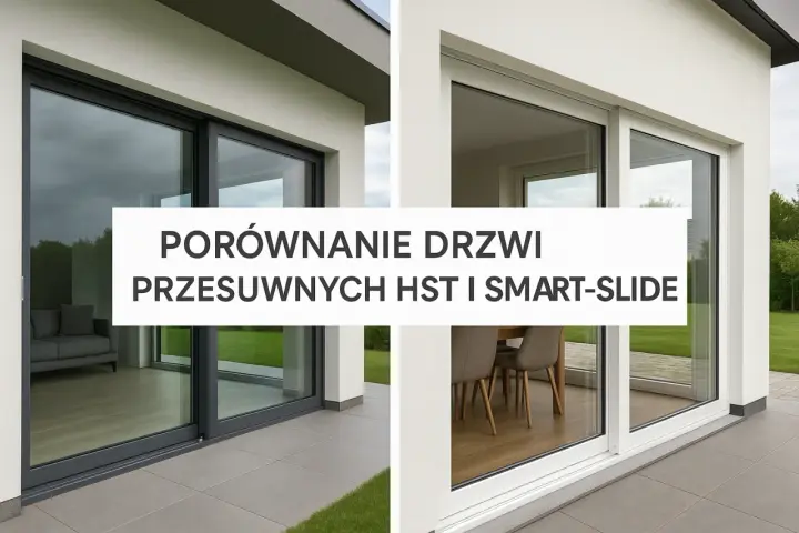 Porównanie drzwi przesuwnych HST i Smart-Slide. Dwa nowoczesne domy z dużymi przeszkleniami, ukazujące różne modele okien.