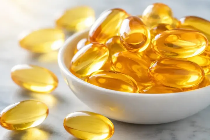 Capsule dorate piene di olio, che ricordano le proprietà omega 3, in una ciotola bianca e sparse sul piano.