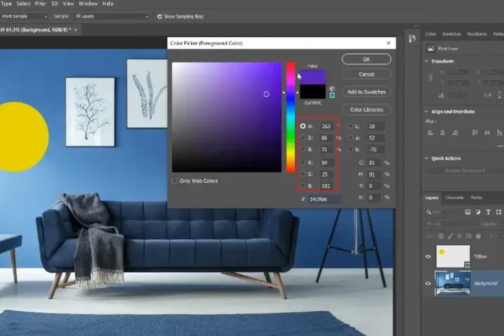 Okno dialogowe "Kolor" w Photoshopie z widocznym wyborem koloru fioletowego i wartościami RGB.