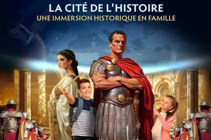 La Cité de l'Histoire : une famille romaine, un enfant brandissant une épée, et des légionnaires. Une immersion historique pour tous.