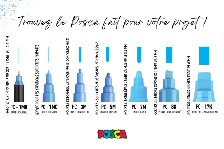 Divers feutres Posca bleus aux pointes variées, du fin au large, pour tous vos projets créatifs. Le vernis fixateur Posca assure la durabilité.