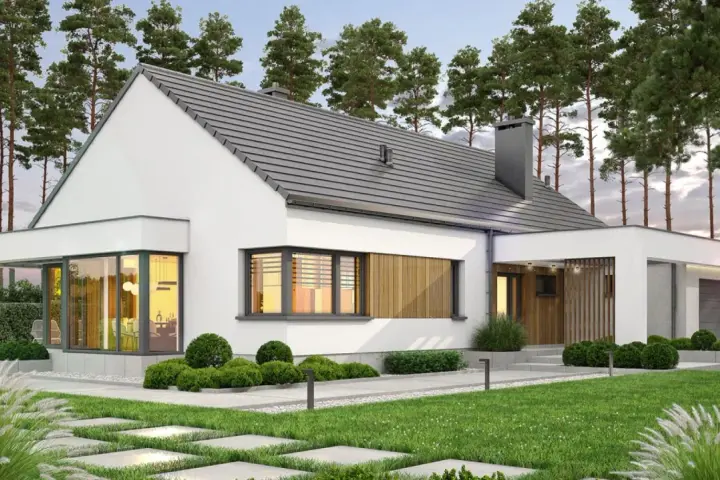Nowoczesne domy parterowe do 120m2. Biały, minimalistyczny budynek z dużymi oknami i drewnianymi elementami, otoczony zielenią.