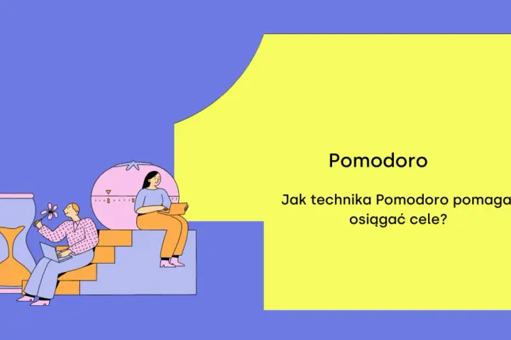Ilustracja pokazuje, jak technika Pomodoro pomaga w produktywności. Dwie osoby pracują przy laptopach, obok klepsydra i minutnik.