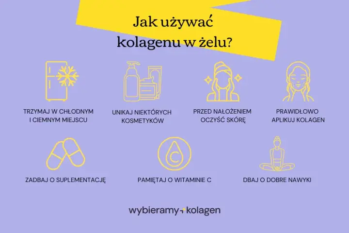Jak używać kolagenu w żelu? Wskazówki: przechowuj w chłodzie, unikaj niektórych kosmetyków, oczyszczaj skórę, aplikuj prawidłowo, suplementuj i pamiętaj o witaminie C.