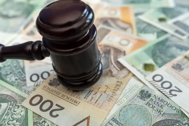 Młotek sędziowski na stosie polskich banknotów. Określenie "stawka dzienna kk" może sugerować koszty sądowe lub kary finansowe.
