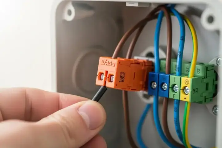 Main électrique pour brancher radiateur inertie sur prise de courant. Connexion des fils dans un boîtier.