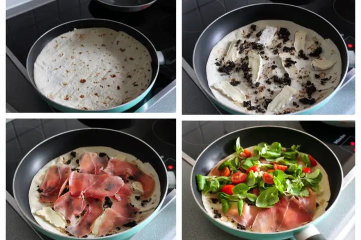 Przygotowanie piadiny z serem brie, oliwkami i szynką parmeńską, a na koniec dodatek świeżej sałatki i pomidorków.