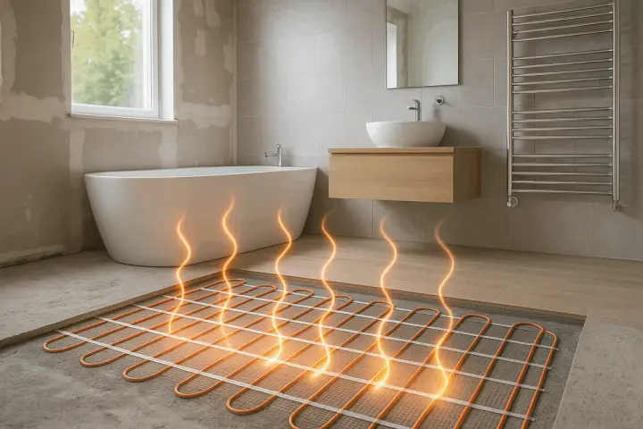 Installation d'un système de chauffage au sol dans une salle de bain moderne. Des tubes orange sont posés sur le béton, prêts à diffuser une chaleur confortable.