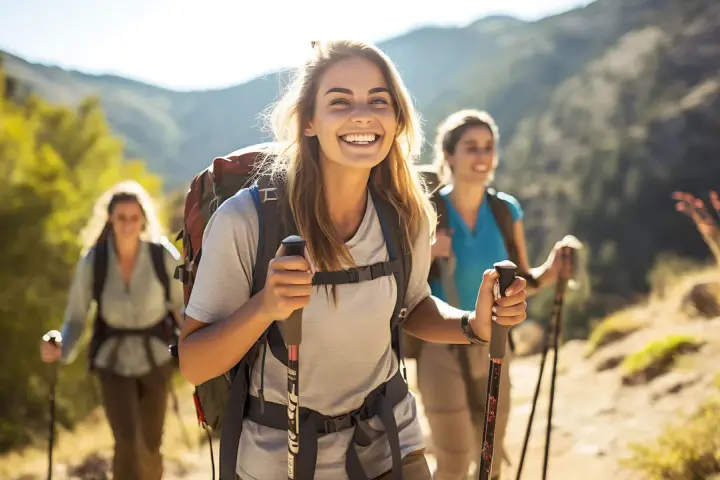 Uśmiechnięte kobiety podczas trekkingu w górach, cieszące się wędrówką.