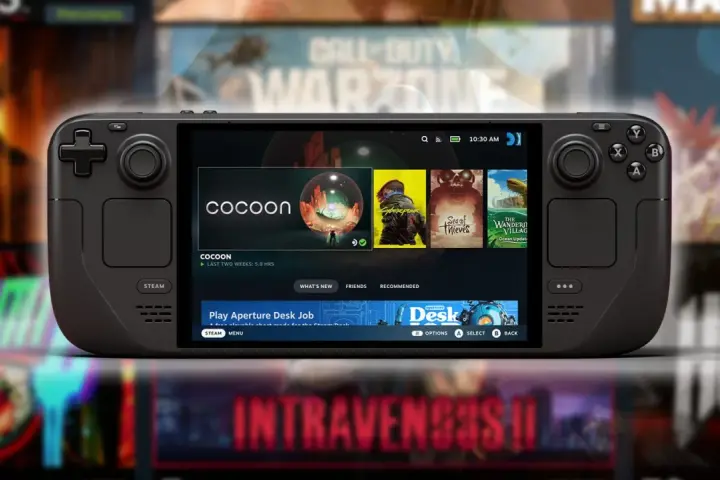 La consola portátil Steam Deck 2 muestra la interfaz de juegos, con "Cocoon" destacado.