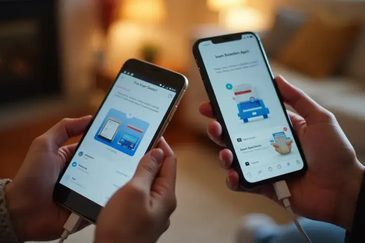 Dwie osoby trzymają telefony połączone kablem. Na ekranach widnieje instrukcja, jak przenieść dane z telefonu na telefon za pomocą aplikacji Smart Switch.