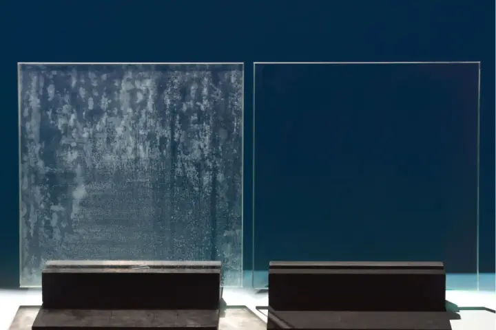 Comparaison de deux parois de douche : l'une est recouverte de dépôts calcaires incrustés, l'autre est parfaitement propre et transparente.
