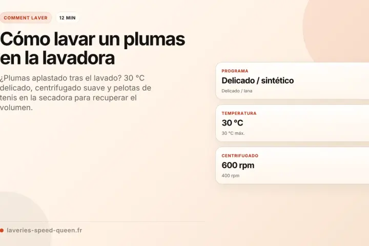 Guía para lavar plumas en lavadora: programa delicado, 30°C, centrifugado suave y secado con pelotas de tenis.