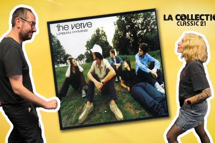 Un homme et une femme admirent la pochette de l'album "Urban Hymns" du chanteur The Verve.