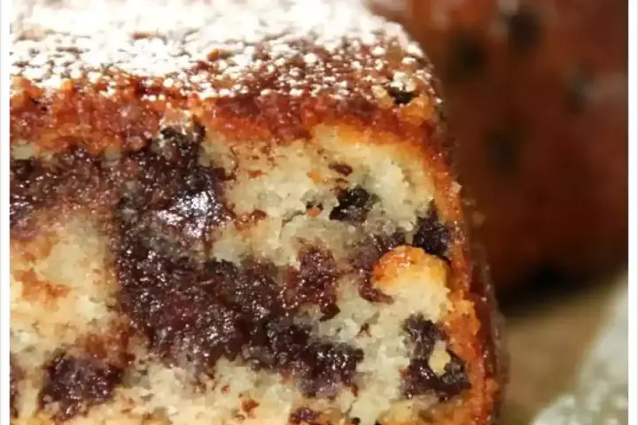 Gâteau sans oeuf aux pépites de chocolat, saupoudré de sucre glace. Un délice moelleux et gourmand.