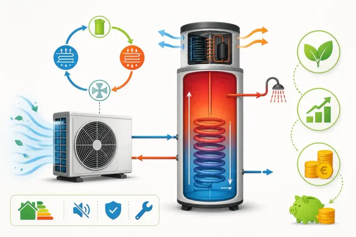 Schéma d'un ballon thermodynamique montrant le cycle de l'air, le chauffage de l'eau et les économies d'énergie.