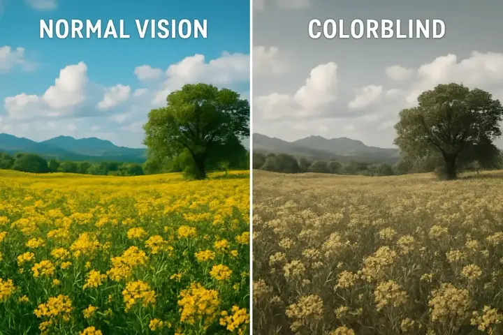 Pole żółtych kwiatów i drzewo widziane normalnie i jak widzi daltonista – z wyblakłymi kolorami.