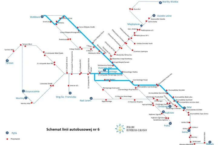 Schemat linii autobusowej nr 6 Żeglugi Ostródzko-Elbląskiej. Mapa pokazuje trasy i przystanki, m.in. w Ostródzie, Elblągu i okolicach.