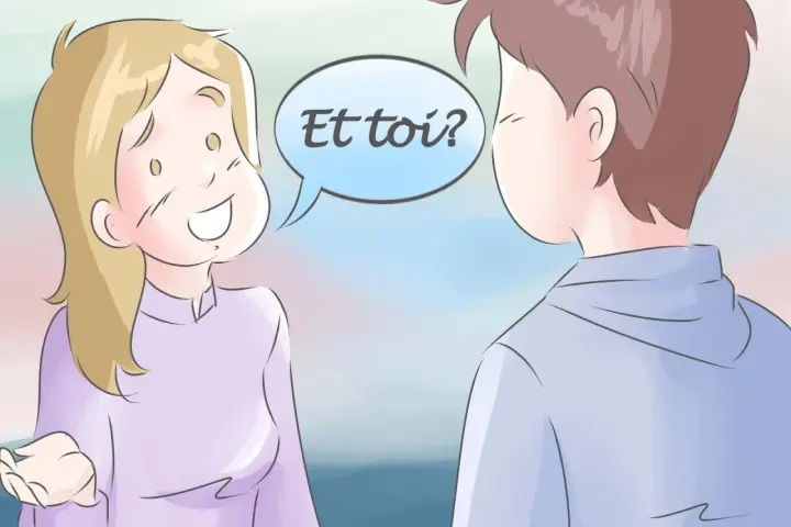 Una chica sonriente pregunta "¿Y tú?" en un globo de diálogo, como en un saludo en francés por email.
