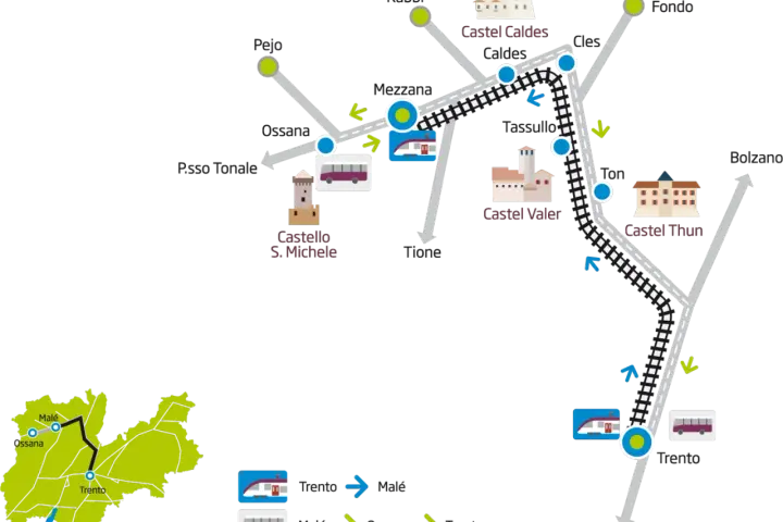 Mappa del trenino panoramico trentino con collegamenti tra Trento, Malé, Ossana e altre località, mostrando castelli e fermate.