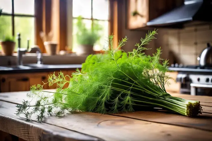 Un bouquet de fenouil sauvage frais, aux fines feuilles vertes, repose sur une table en bois rustique. La cuisine en arrière-plan suggère une préparation culinaire savoureuse.