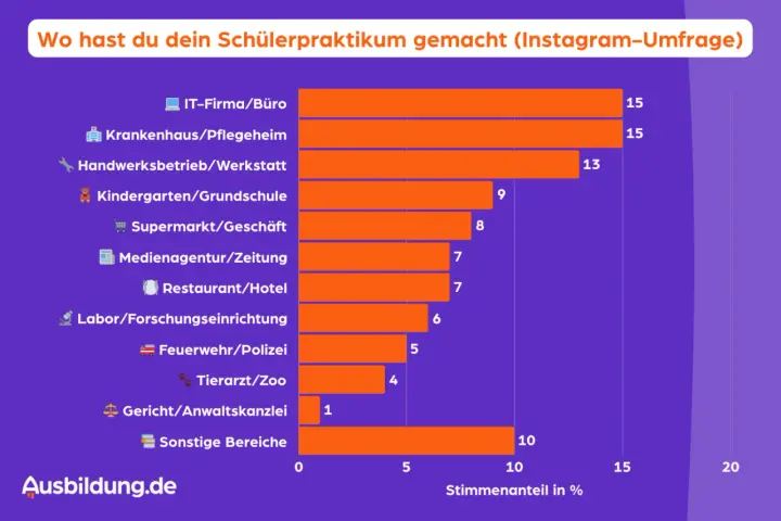 Balkendiagramm zeigt, wo Schüler Praktika machen: IT/Büro und Krankenhaus/Pflegeheim sind am beliebtesten.