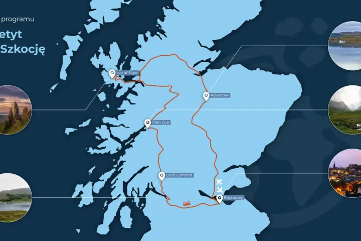 Mapa Szkocji z trasą "Apetyt na Szkocję", pokazująca malownicze miejsca jak Isle of Skye, Glen Coe, Loch Lomond i Edynburg.