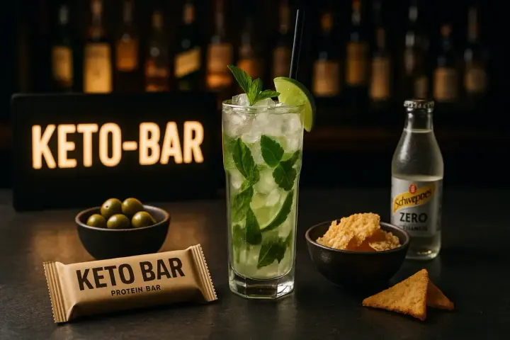 Keto-bar, drink z miętą i limonką, oliwki, chipsy i Schweppes Zero. Idealne połączenie, jeśli zastanawiasz się, jaki alkohol na keto.