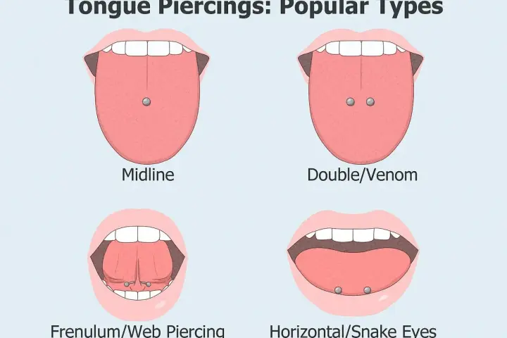 Różne rodzaje kolczyków w języku: Midline, Double/Venom, Frenulum/Web Piercing, Horizontal/Snake Eyes. Double/Venom to popularny piercing, który wygląda jak dwa kolczyki.