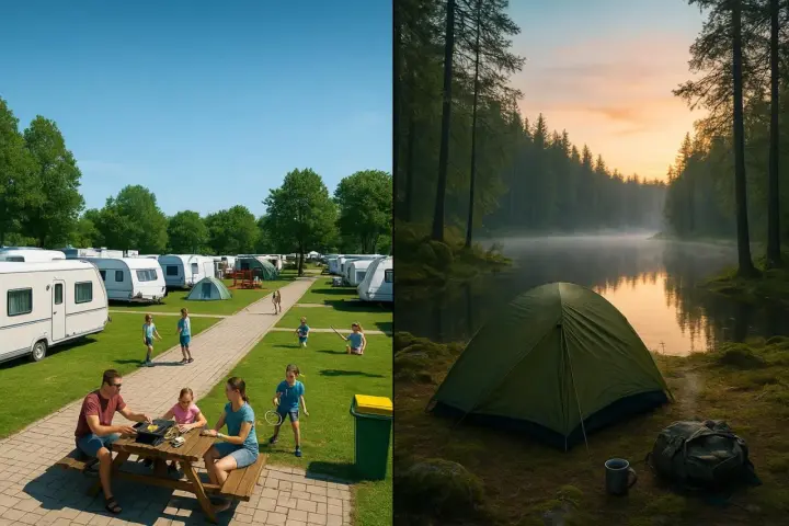 Dwa oblicza campingu: rodzinny wypoczynek na kempingu z przyczepami i samotny nocleg w namiocie nad jeziorem o wschodzie słońca.