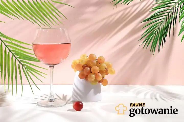 Szklanka z różowym napojem, kiść jasnych winogron i pojedyncze czerwone winogrono. W tle liście palmowe i różowa ściana.