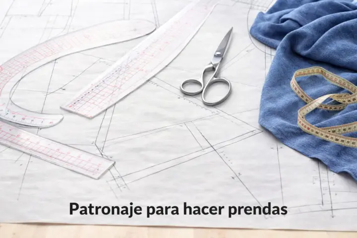 Herramientas de costura sobre un patrón de ropa. Tijeras, reglas y cinta métrica listos para crear un nuevo diseño.