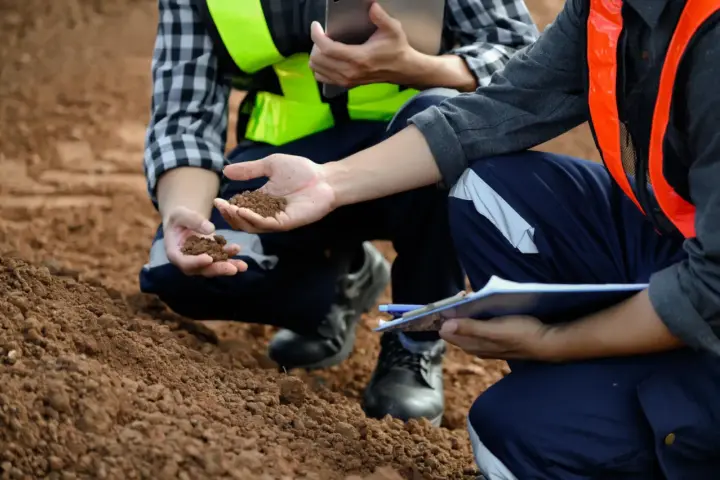 Pracownicy w kamizelkach odblaskowych analizują próbki ziemi, wykonując badania geotechniczne gruntu.