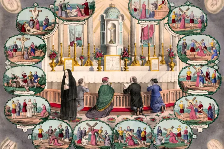 Catholic Stations of the Cross depicted around an altar, showing Jesus' journey to crucifixion.