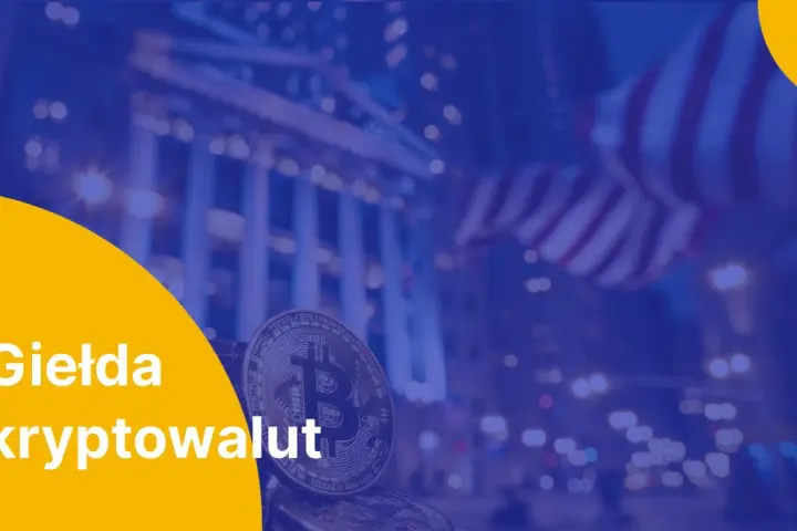 Giełda kryptowalut: Bitcoin i amerykańska flaga na tle nocnego miasta. Dowiedz się, giełda co to jest i jak działa.