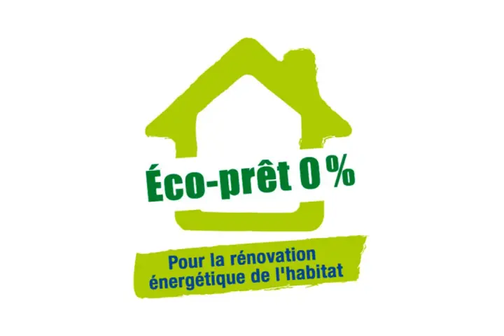 Logo d'une maison verte stylisée, annonçant un "Éco-prêt 0%" pour la rénovation énergétique.