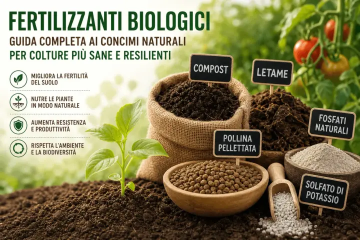Fertilizzanti biologici: compost, letame, pollina pellettata, fosfati naturali e solfato di potassio per colture sane e resilienti.