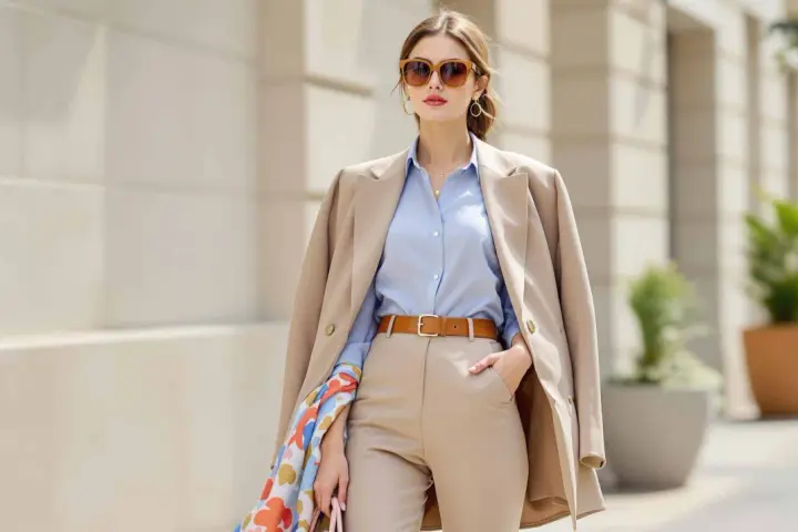 Une femme porte une chemise bleu avec un pantalon beige, un blazer camel et des lunettes de soleil.