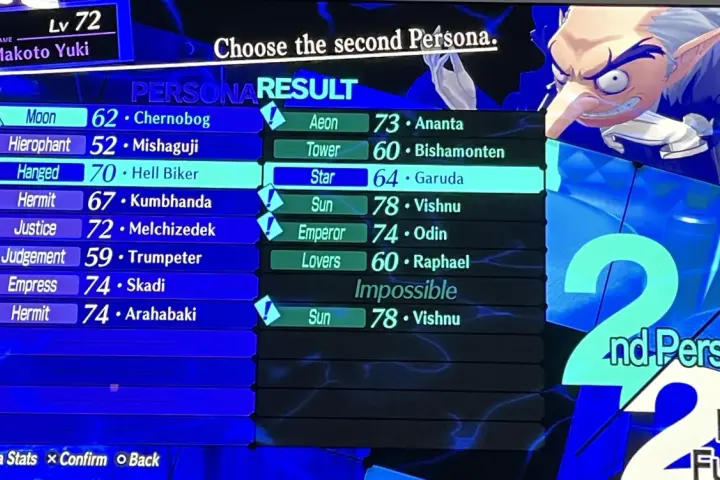 Makoto Yuki, nivel 72, elige su segunda Persona. La pantalla muestra resultados de fusión, con "Star" y "Garuda" resaltados.