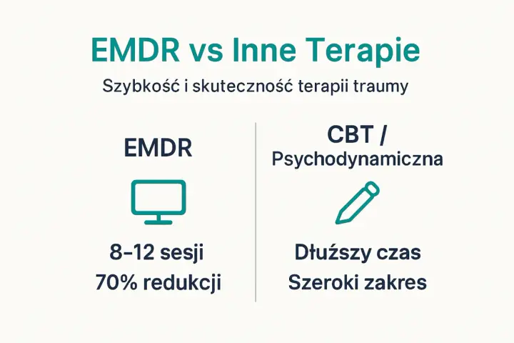 Porównanie EMDR z innymi terapiami: EMDR wymaga 8-12 sesji, oferując 70% redukcji objawów traumy.