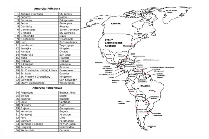 Mapa przedstawia kraje Ameryki Północnej i Południowej z ich stolicami. Zaznaczone są m.in. Kanada, USA, Meksyk, Brazylia, Argentyna.