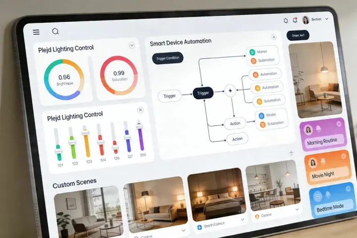 App för smart belysning visar Plejd-kontroller, automatiseringar och anpassade scener.