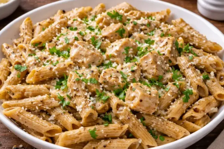 Pyszne danie z makaronem pełnoziarnistym penne, kawałkami kurczaka i parmezanem, posypane świeżą natką pietruszki.
