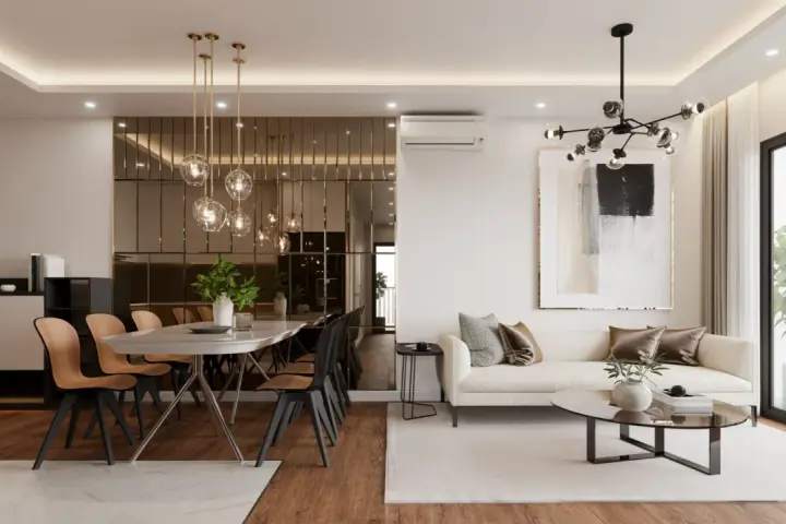 Nowoczesny bungalow z jadalnią i salonem. Lustrzana ściana odbija wiszące lampy, a wygodna sofa zaprasza do relaksu.