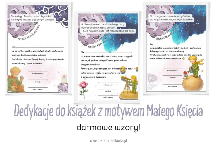 Piękne dedykacje do książek z Małym Księciem. Wzory z cytatami i miejscem na wpisanie życzeń.