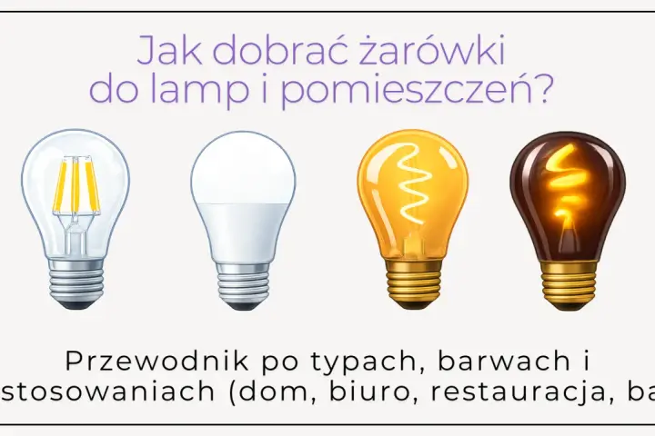 Cztery żarówki: LED filament, nowoczesna LED, tradycyjna żarowa i ozdobna. Przewodnik po doborze oświetlenia, np. do salonu Polux.