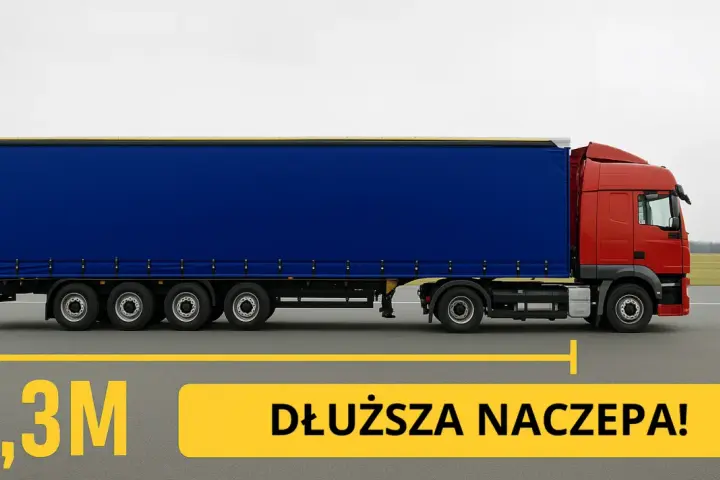 Czerwona ciężarówka z niebieską naczepą na drodze. Napis "1,3M DŁUŻSZA NACZEPA!".