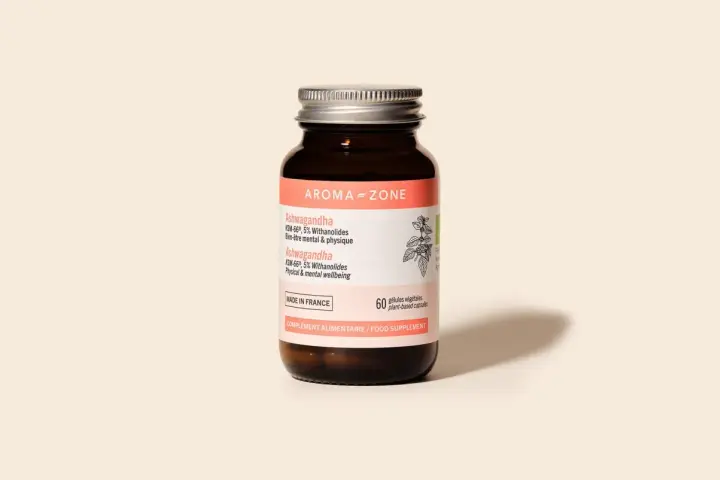 Flacon d'Ashwagandha Aroma-Zone, 60 gélules végétales. Découvrez les ashwagandha bienfaits femme pour le bien-être mental et physique.