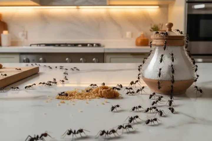 Un ejército de hormigas diminutas invade una cocina, rodeando un azucarero y un montón de azúcar moreno.