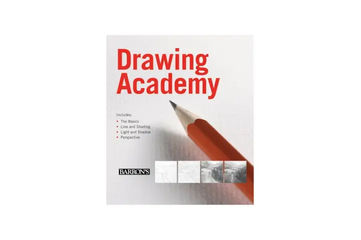 Okładka książki "Drawing Academy" z ołówkiem i przykładami rysunków. Nauka rysunku od podstaw.
